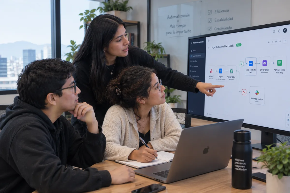 Reunión de trabajo revisando un flujo de automatización de procesos con CRM e inteligencia artificial en una pantalla