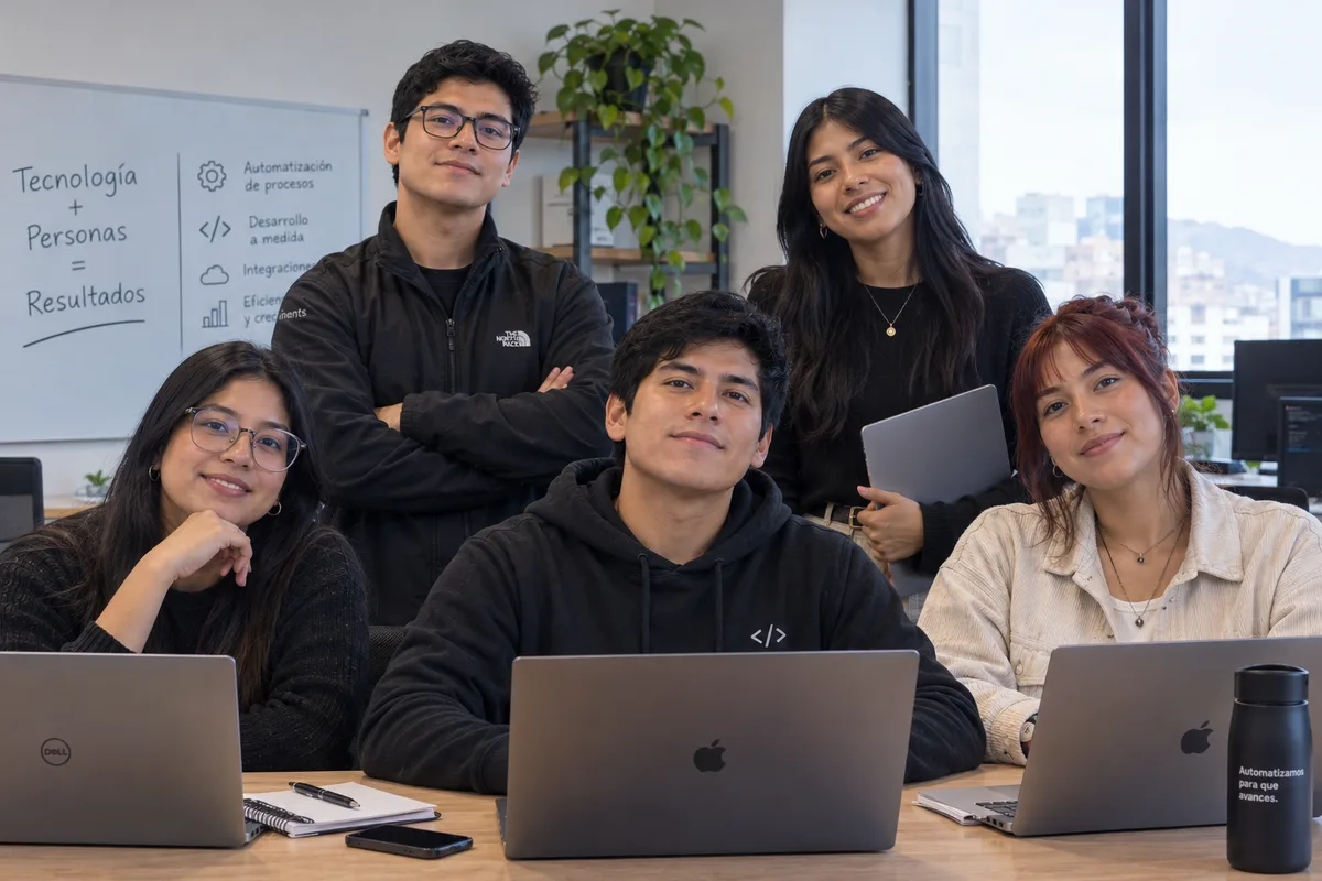 Personas colaborando en una oficina para diseñar sistemas de automatización e inteligencia artificial para empresas