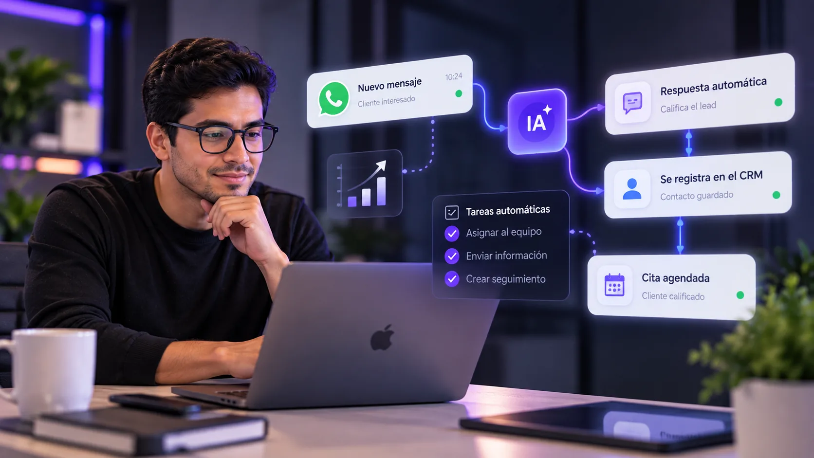 Persona frente a una laptop con tareas automáticas conectadas entre sí