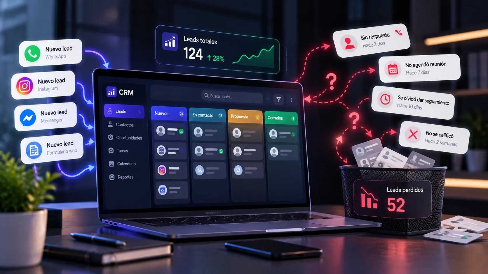 Tablero de CRM con leads y oportunidades que se pierden por falta de seguimiento