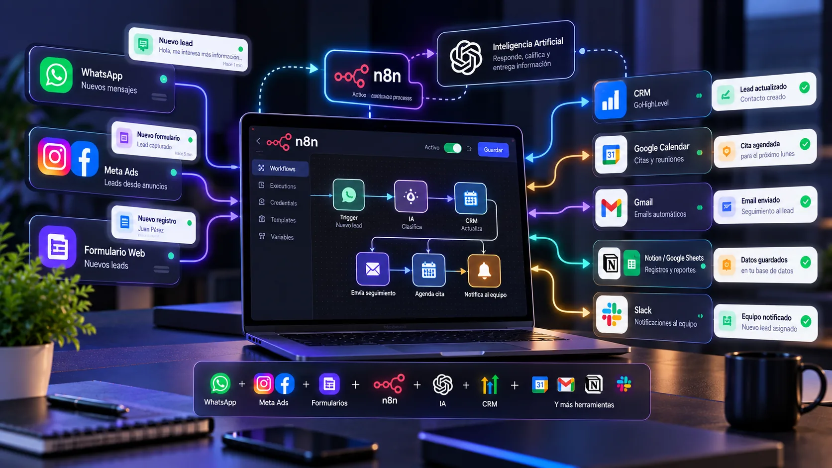 Herramientas digitales conectadas entre sí en un mismo flujo de automatización