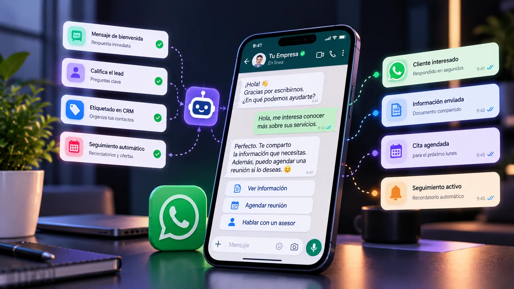 Conversación de WhatsApp con respuestas automáticas y seguimiento